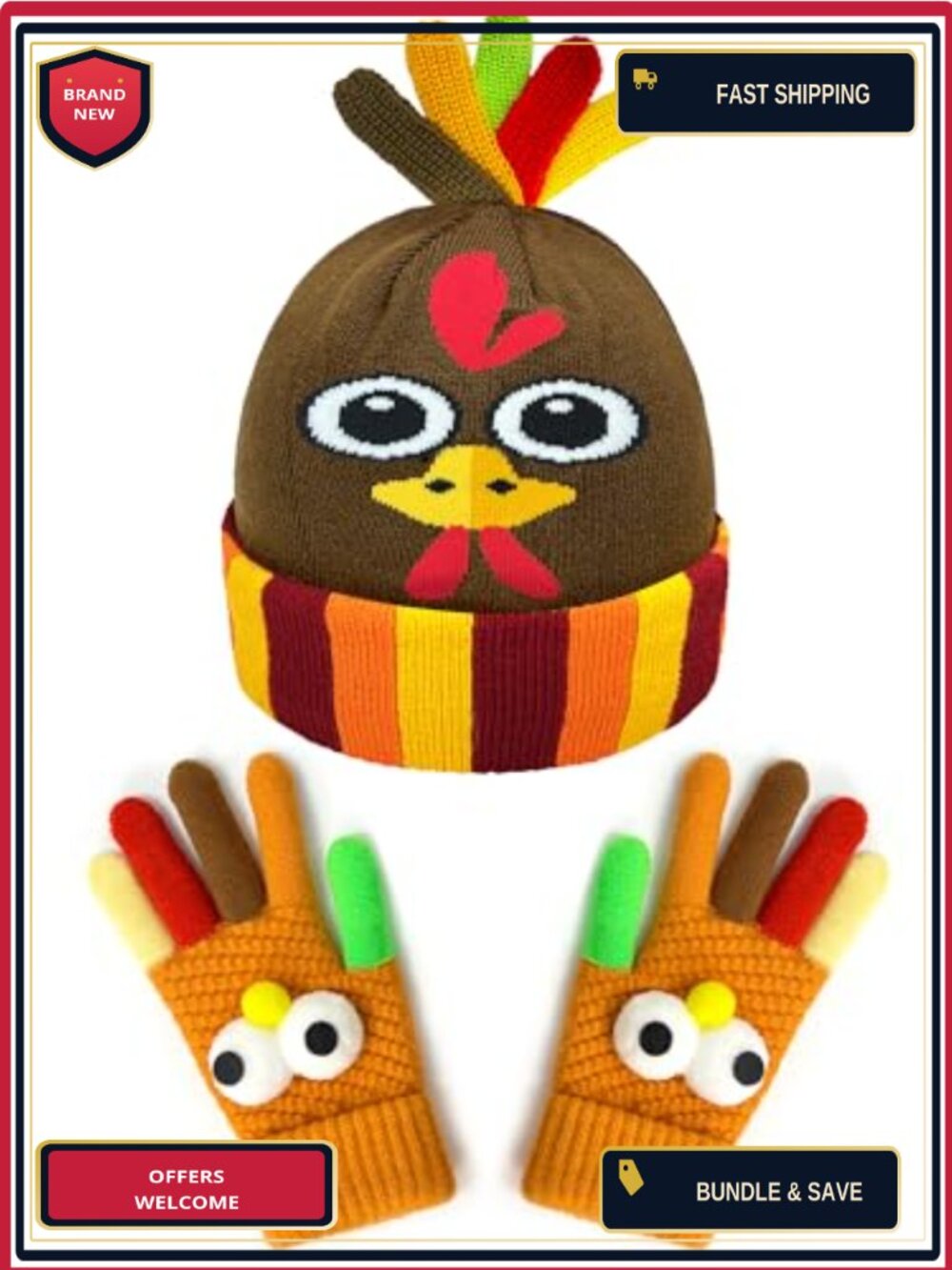 Thanksgiving Turkey Beanie Hat and Gloves Set Acrylic Knit Adult Holiday